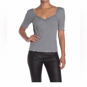 Free People Margaux Top Grey • Lettuce Hem Fitted Tee • Size M